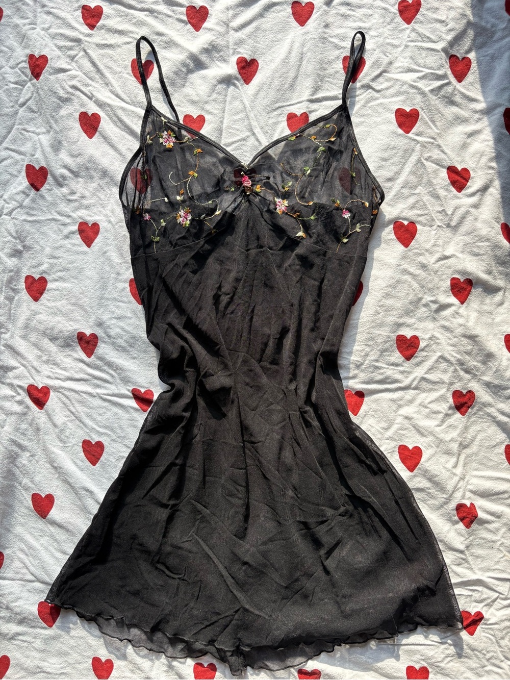 Vintage Y2K Sheer Mesh Mini Dress – Floral Embroidery & Rosette – Whimsigoth